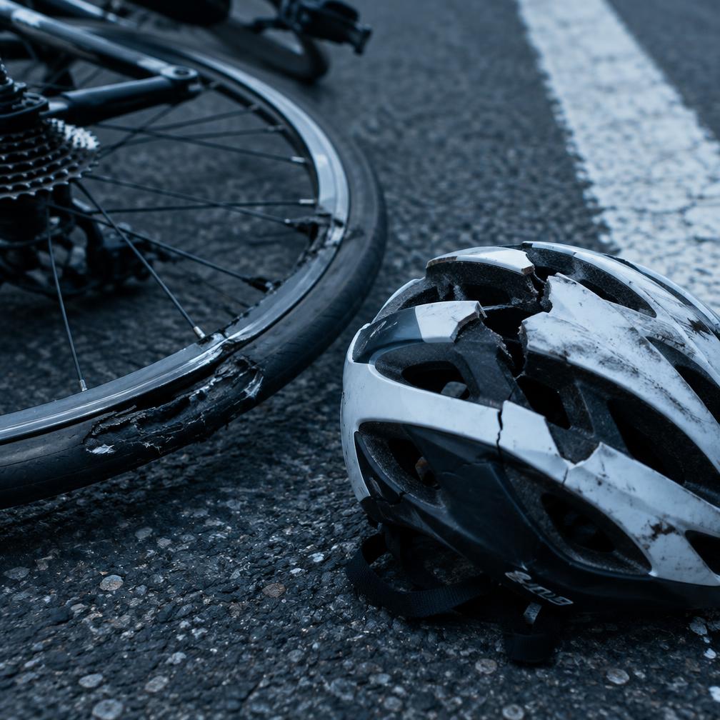 Bent bicycle wheel and cracked helmet on pavement after a collision