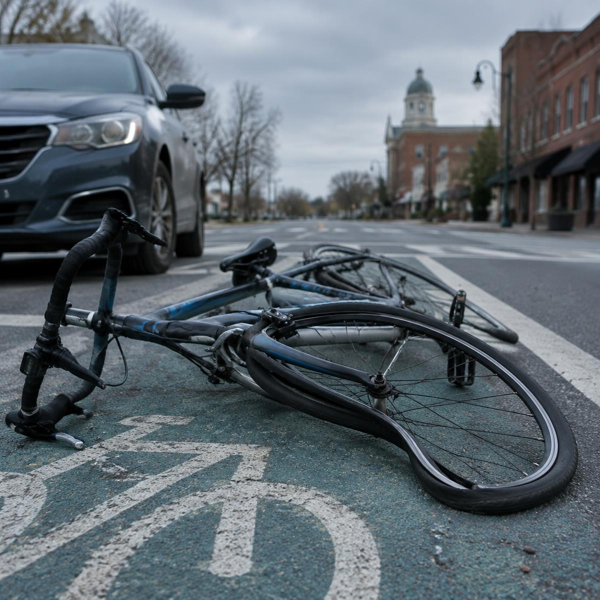 Damaged bicycle lying in a painted bike lane at a downtown intersection after a crash with a car